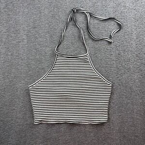 Full Tilt Halter Crop Top Women Small Black White Striped Ribbed Knit Sleeveless